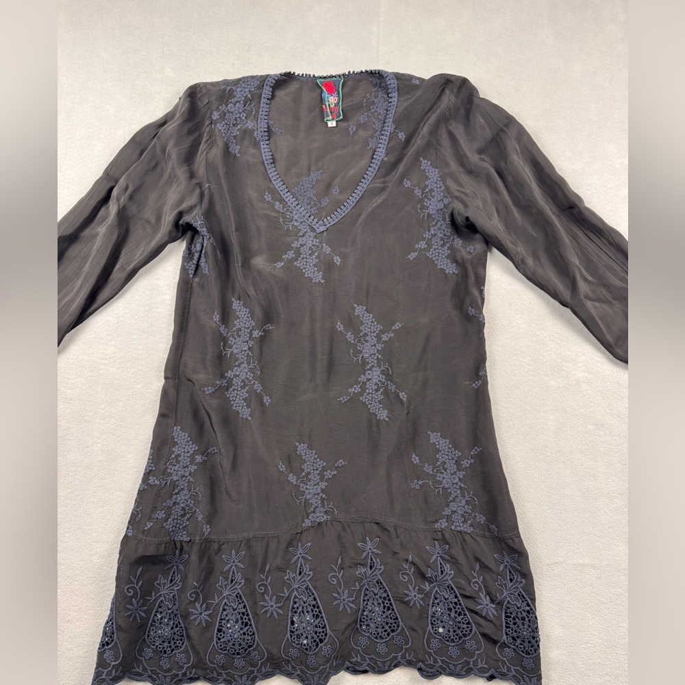 Johnny Was Black Embroidered Floral Tunic Shirt Dress Small Boho V-neck Lace